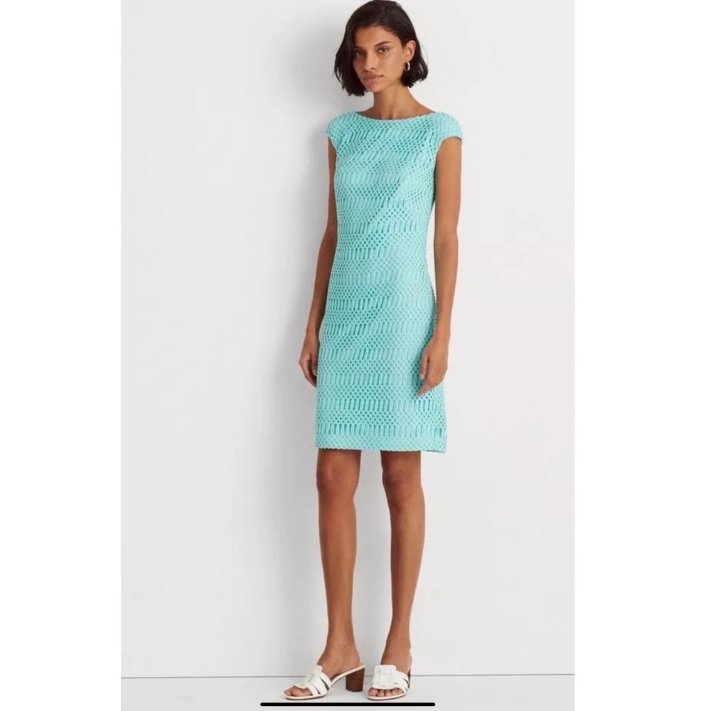 Lauren Ralph Lauren Black Label Turquoise Crochet Sheath Dress Cap Sleeve Sz 10